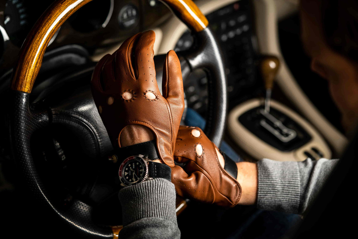 Brown leather driving gloves