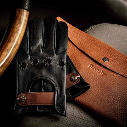 Classic black leather driving racing gloves