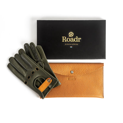 Classic green leather driving racing gloves